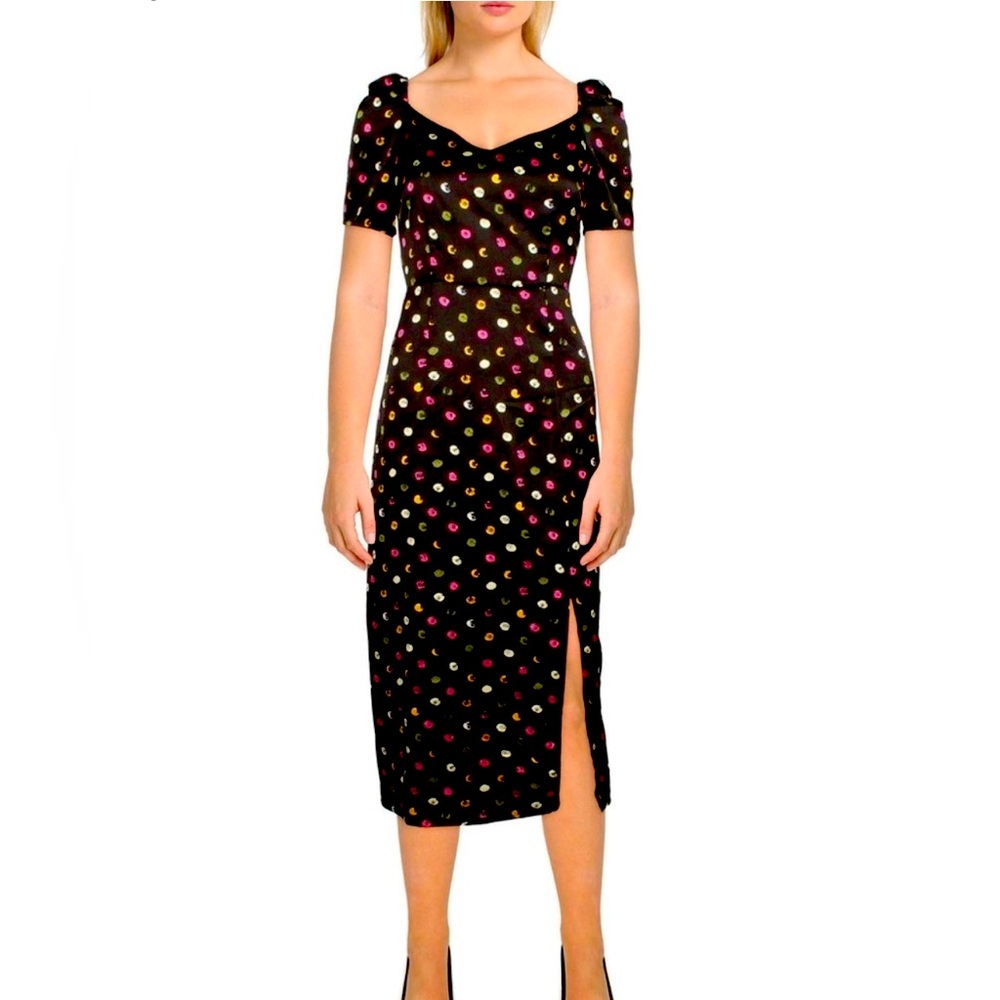 Sam Edelman Sheath Puff Sleeve Polka Dot Midi Dress Black Size 8 NWT